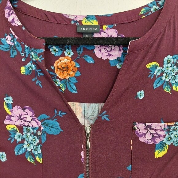 Torrid Purple Floral Challis Zip Front  Drawstring Shirt Dress Size 0 Large - Picture 7 of 8